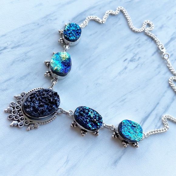 925 Sterling silver blue druzy chocker necklace - Picture 3 of 8